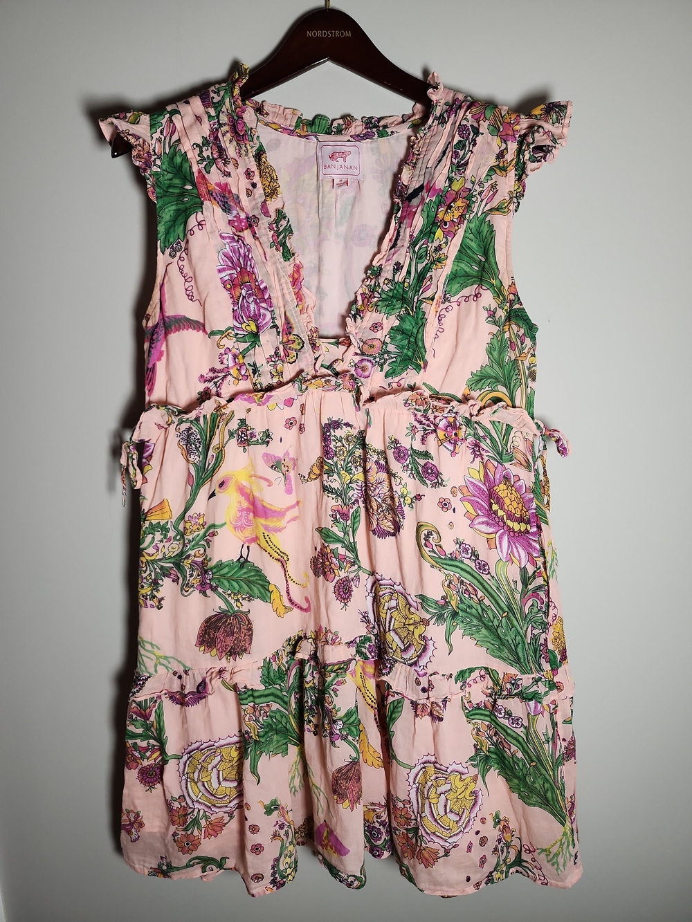 Banjanan Pink Floral Print Ruffle Mini Dress Cotton Tie Side Size Medium